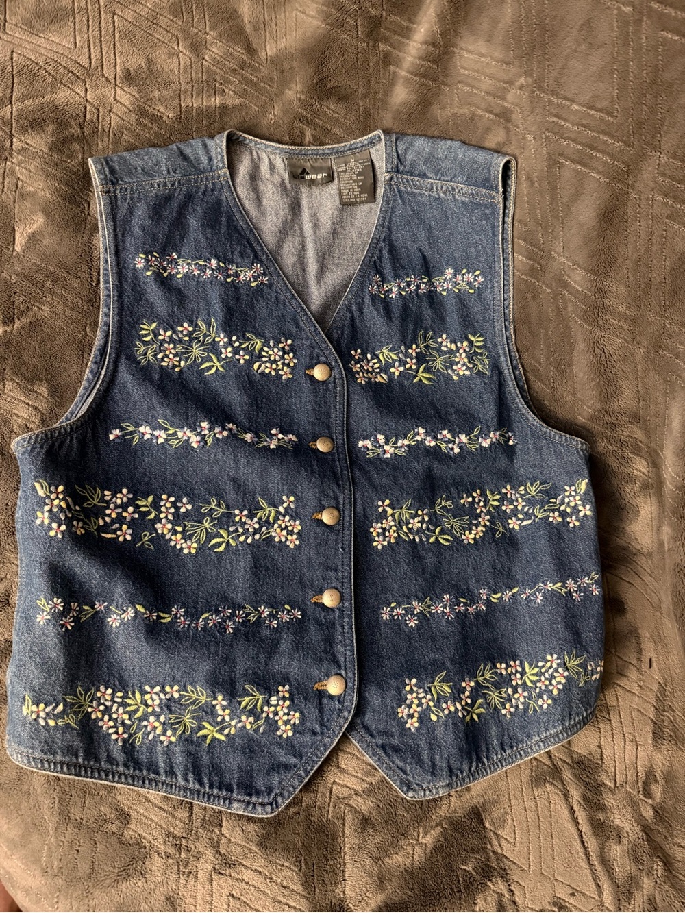 Vintage Lizwear Floral Embroidered Denim Vest Medium 90s Cottagecore Blue Jean